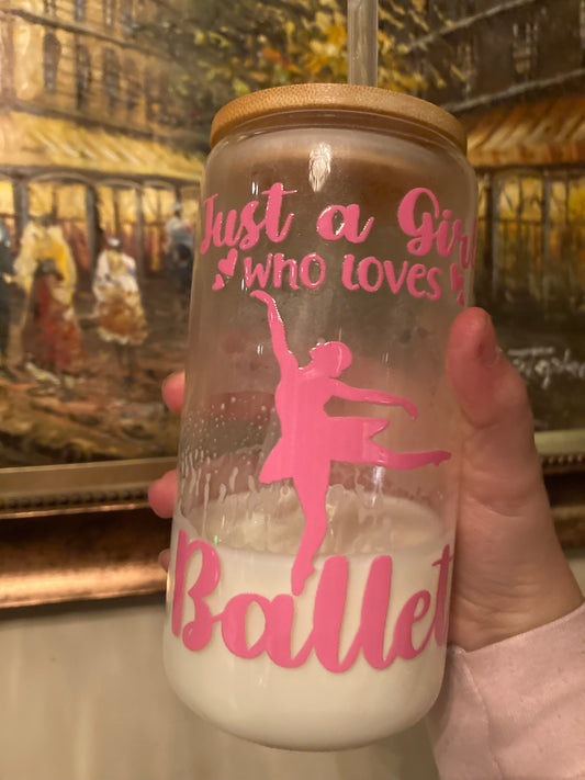 Glass with straw & bamboo cap 16oz (Just a girl that loves ballet)-pink