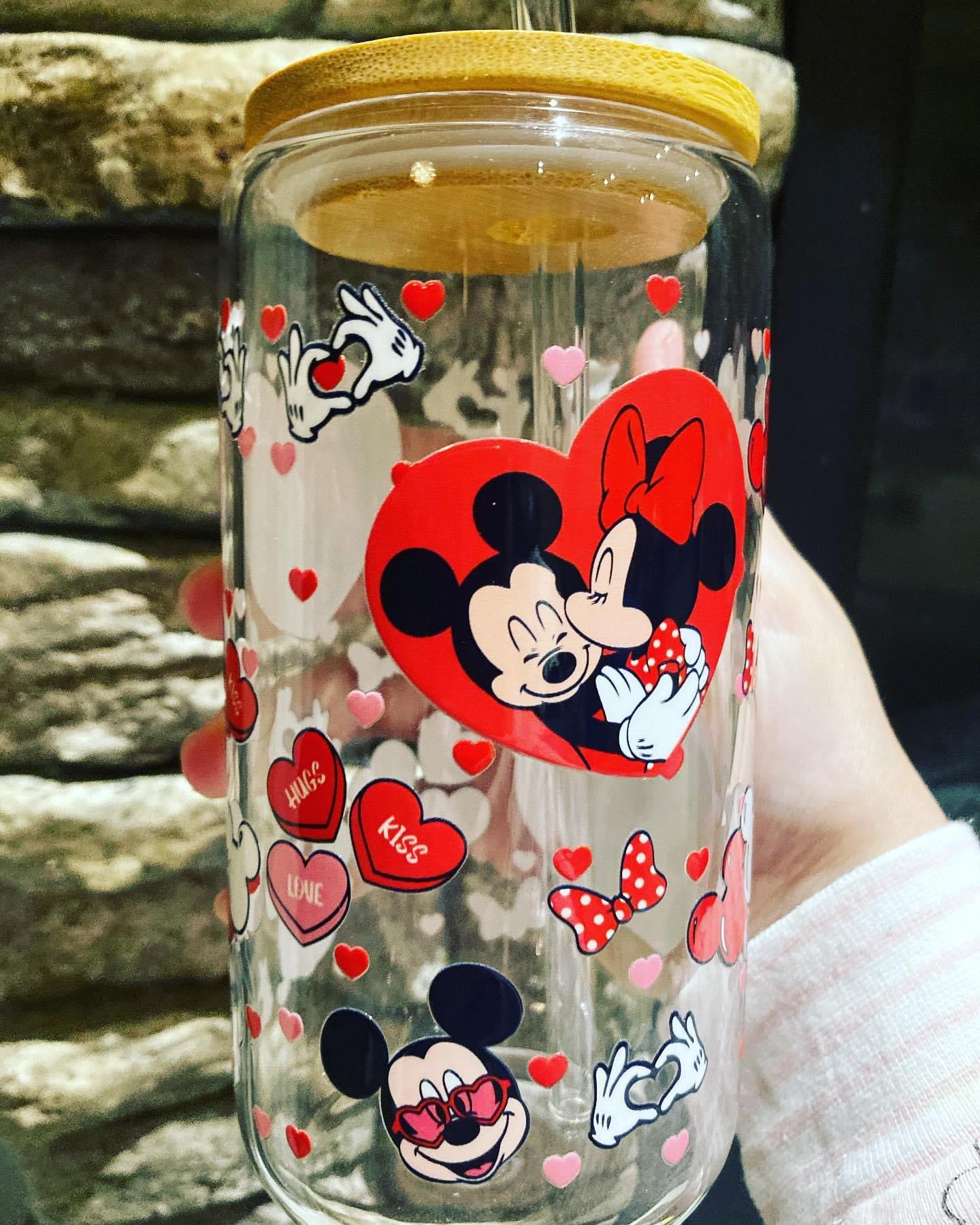 Glass with straw & bamboo cap 16oz (Mickey Mouse)