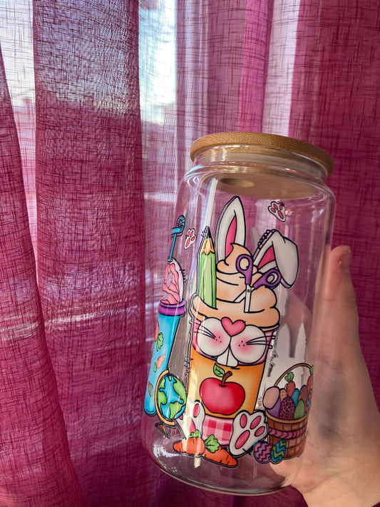 Glass with straw & bamboo cap 16oz (Easter bunnies)