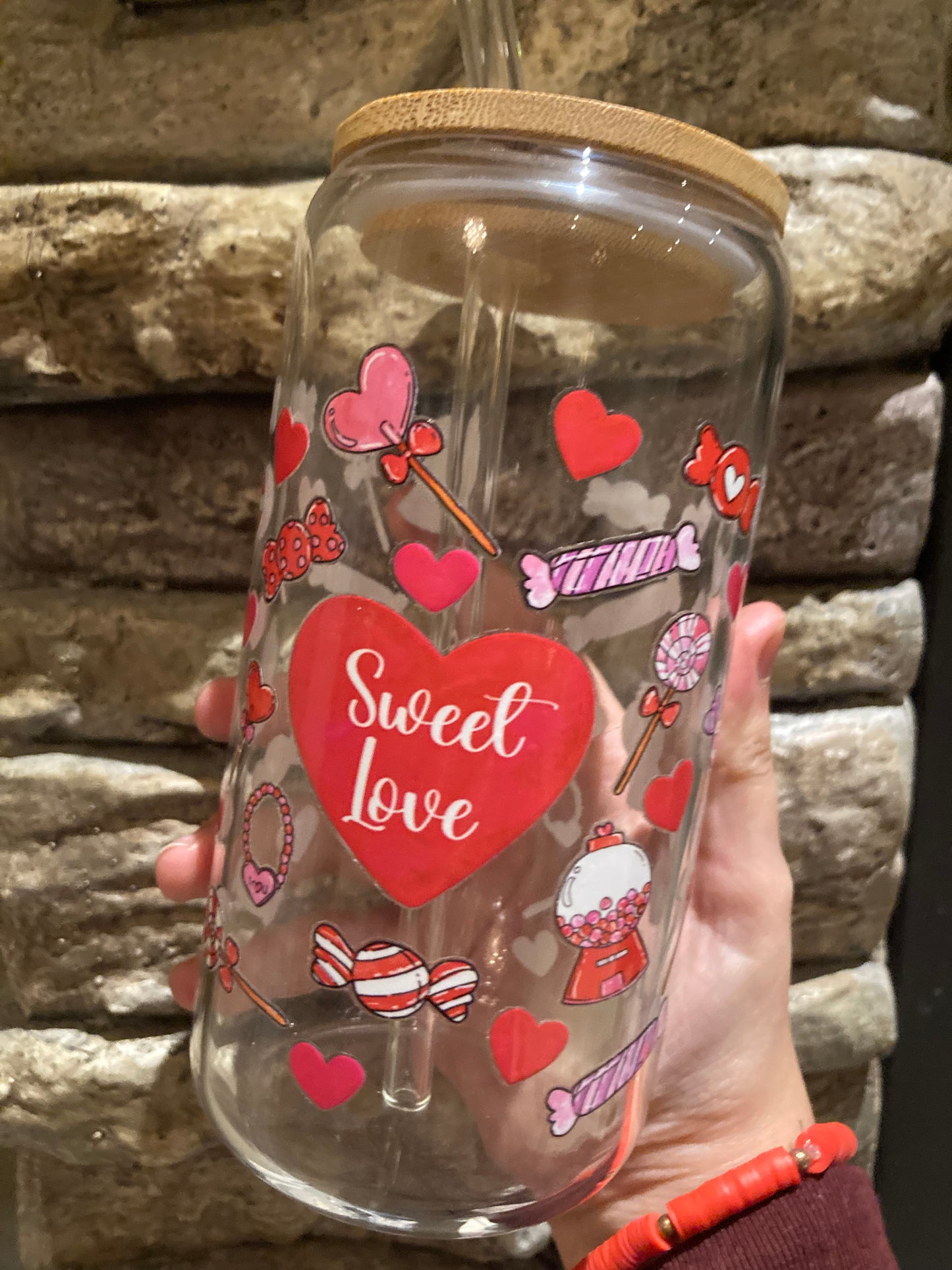 Glass with straw & bamboo cap 16oz (sweet love)