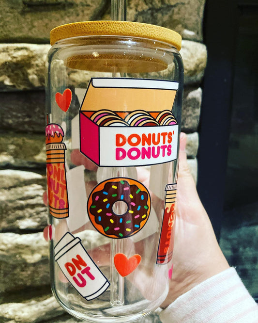 Glass with straw & bamboo cap 16oz (Donuts)